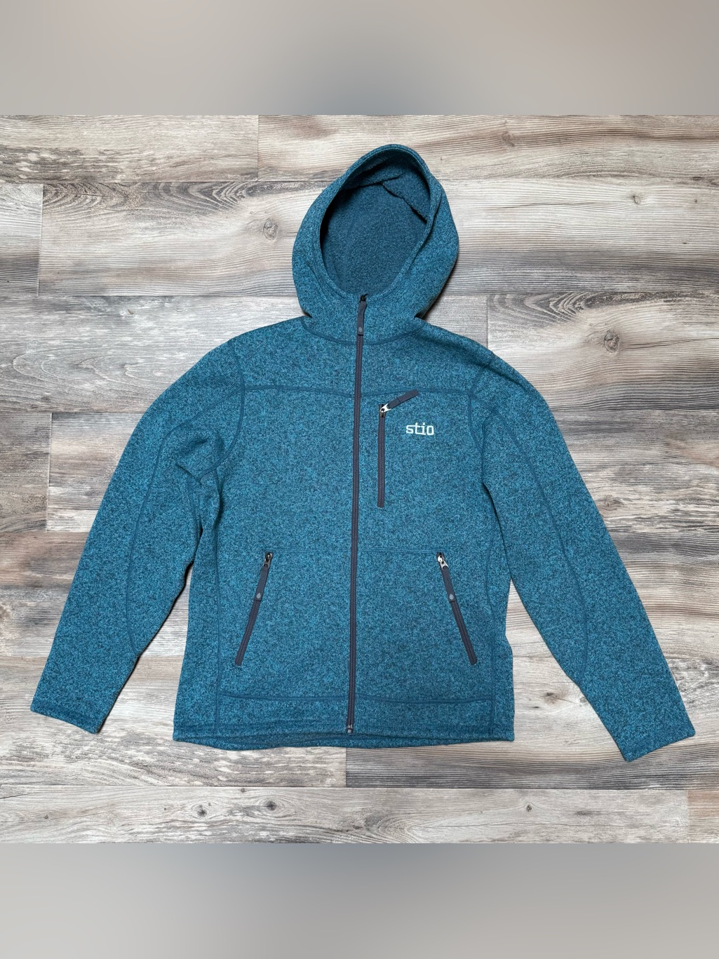 Stio Wilcox Hooded Fleece Jacket Menâs Medium Blue Full Zip Sweater Knit Outdoor